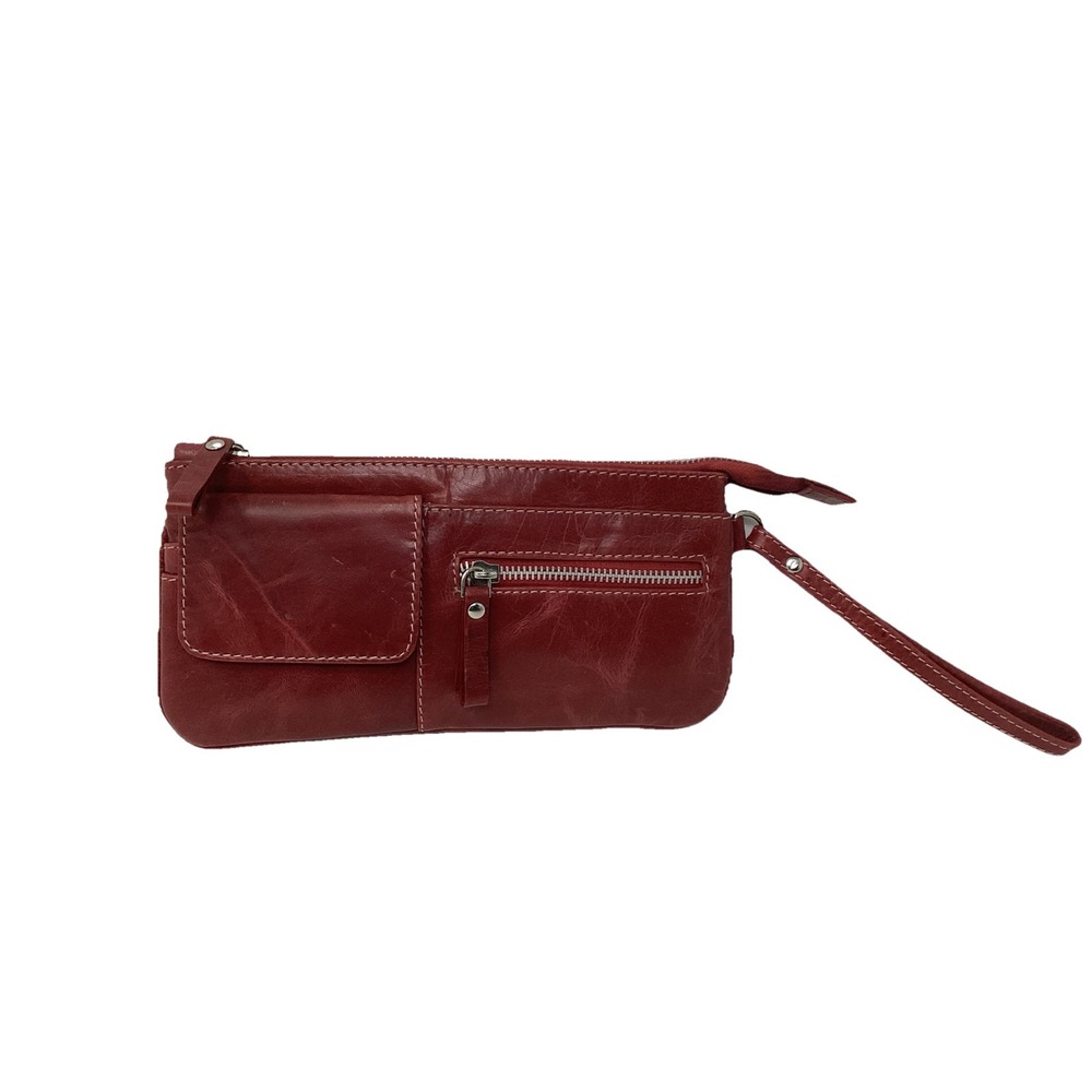 Sophia Visconti Distressed Red Leather Wristlet Zip Wallet 10"x5"